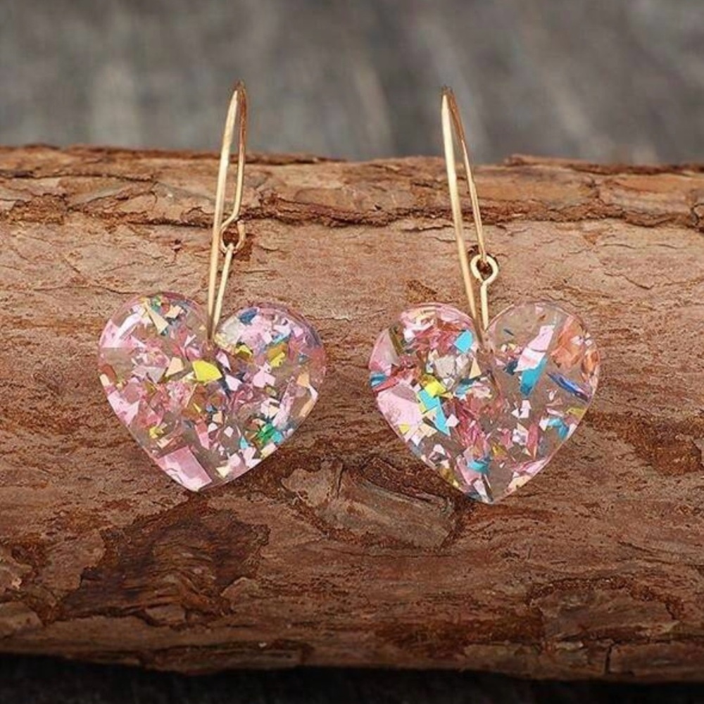 Colorful Glitter and Clear Heart Drop Earrings - Picture 3 of 5